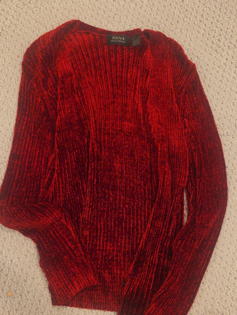 Dana Buchman Red Ribbed Velvet Crewneck Cardigan Sweater
